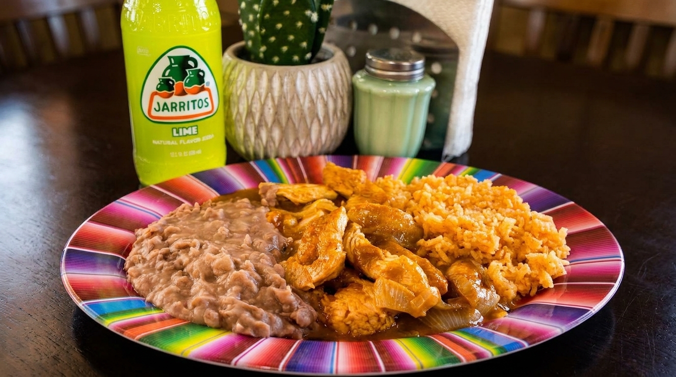 Chicken fajitas with rice and refried beans on a colorful plate, with a Jarritos soda.