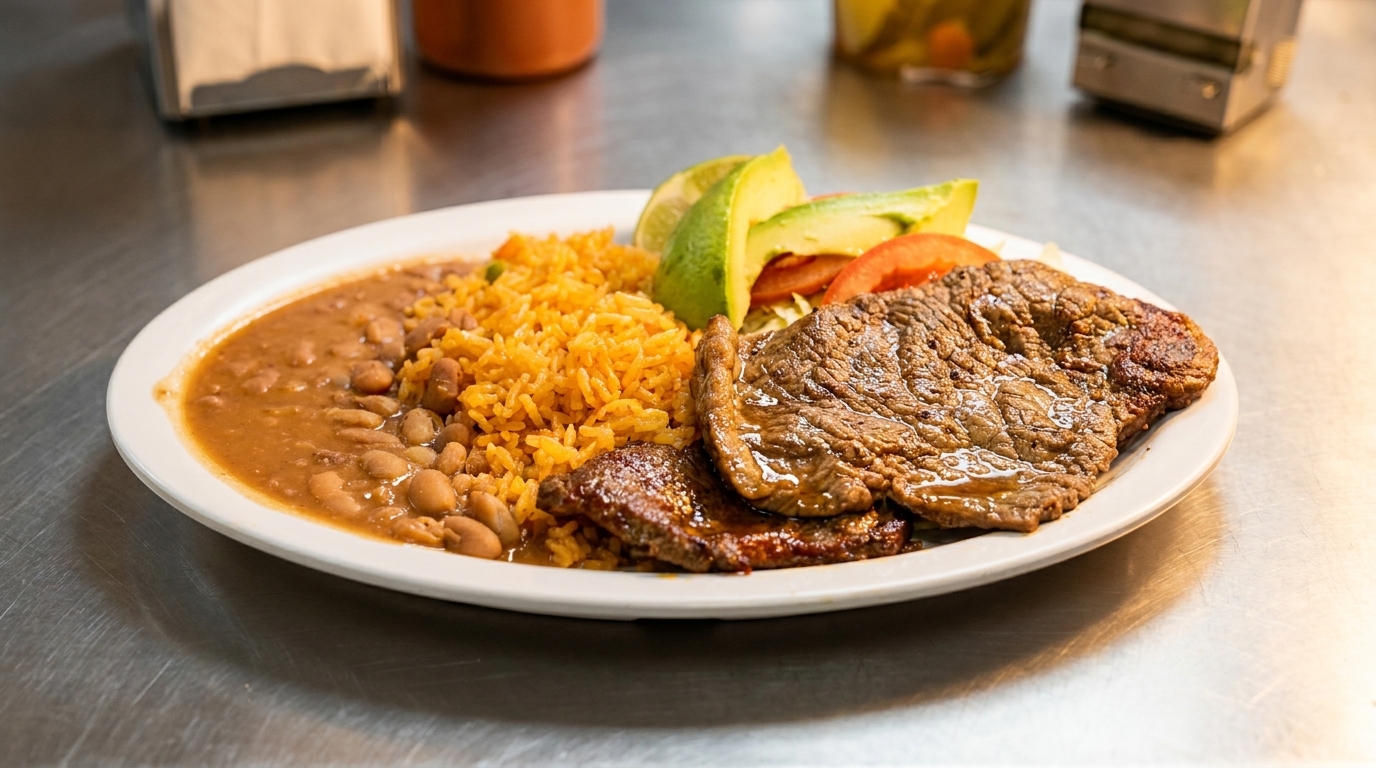 A plate of carne asada with rice, refried beans, avocado, and tomato on a metal counter.