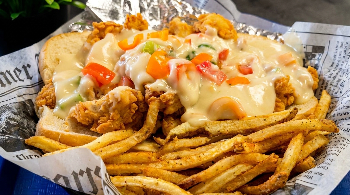 Crispy fried chicken sandwich topped with creamy sauce and colorful bell peppers, served with fries.
