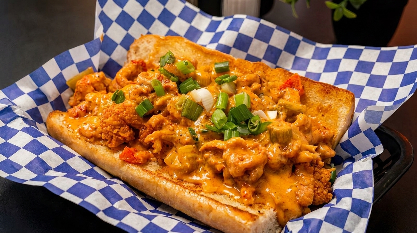A close-up of a crawfish po'boy sandwich with creamy sauce and green onions in a blue checkered basket.
