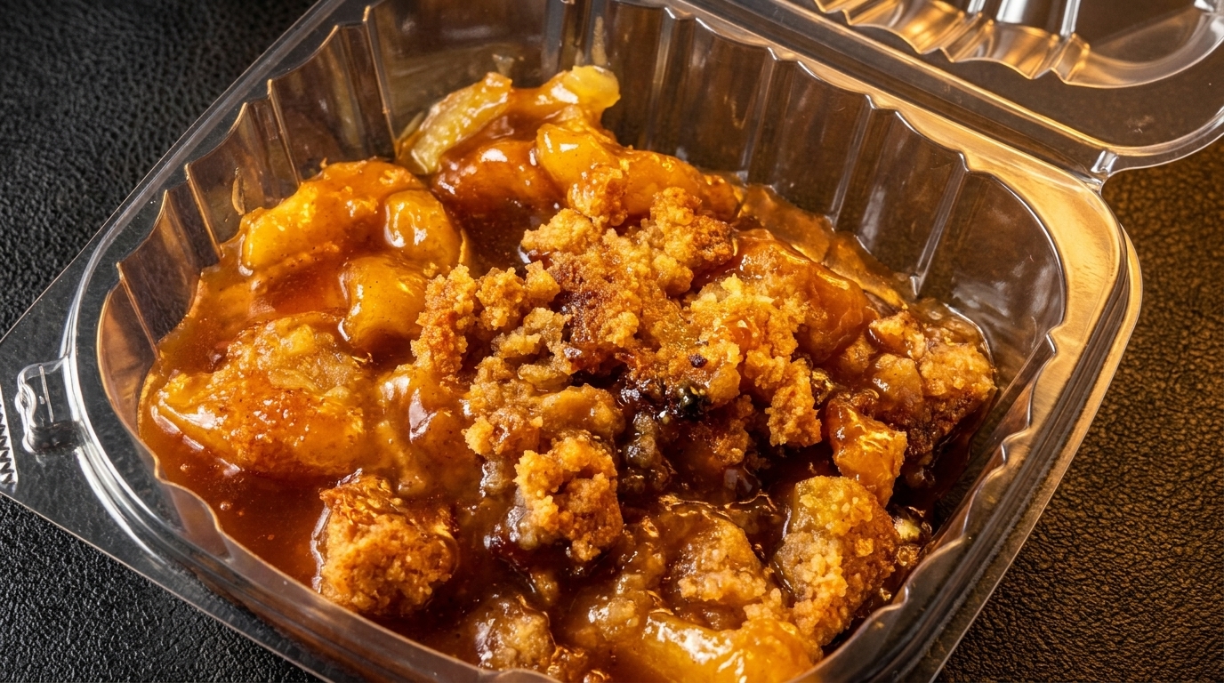 Apple crisp dessert with a crumbly topping in a clear plastic takeout container.