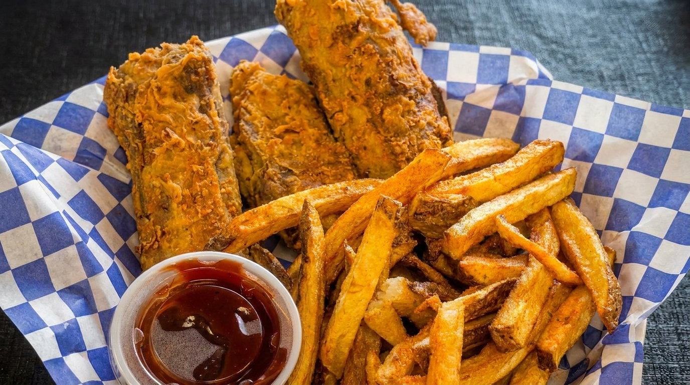 Fried fish and french fries in a basket with blue and white checkered paper, with a side of BBQ sauce.
