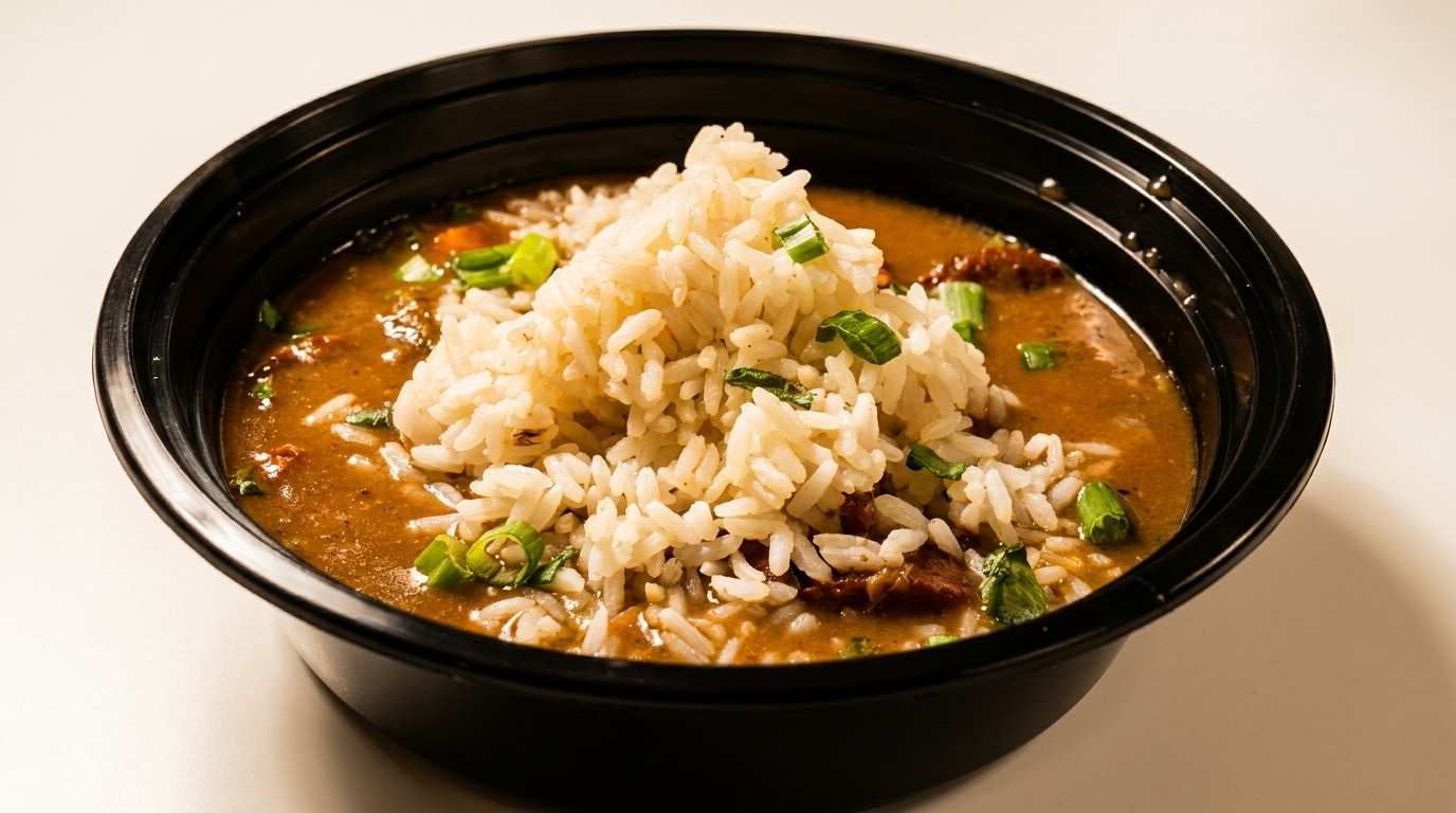 A black bowl of gumbo with a mound of white rice and chopped green onions on top.