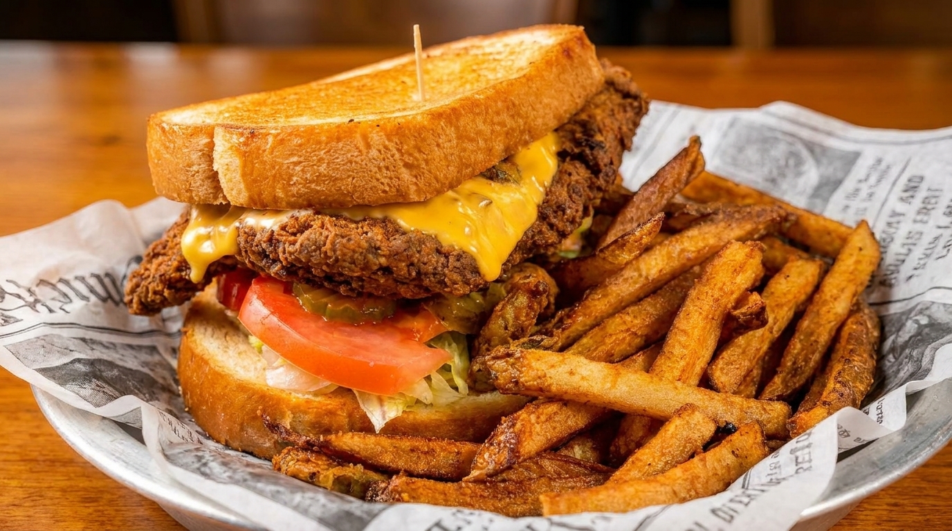 Crispy fried chicken sandwich with melted cheese, lettuce, tomato, pickles, and a side of fries.