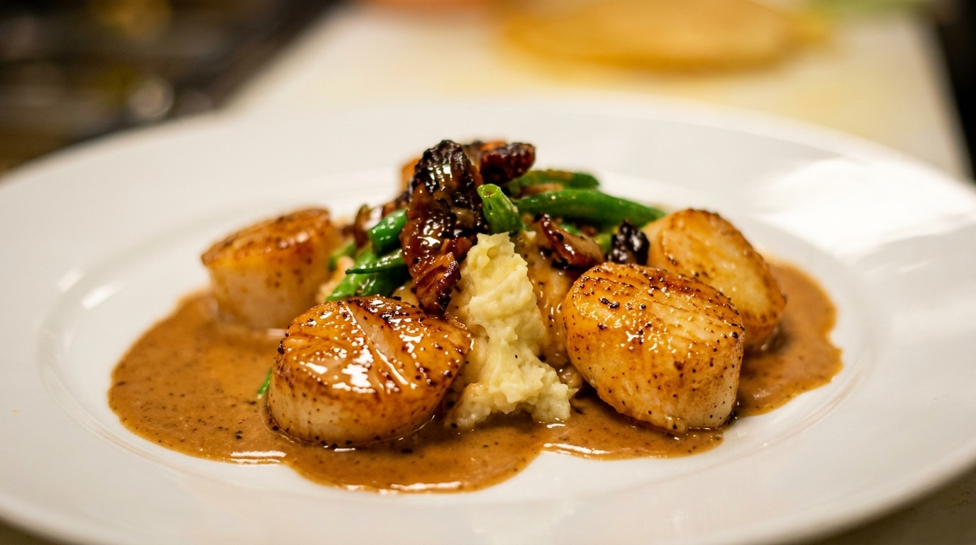Seared scallops with mashed potatoes, green beans, and mushrooms in a brown sauce on a white plate.