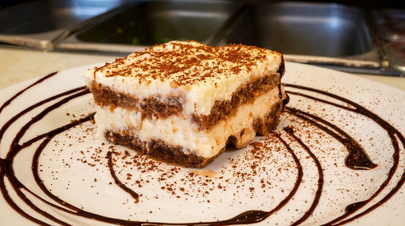 A slice of tiramisu with cocoa powder and chocolate drizzle on a white plate.
