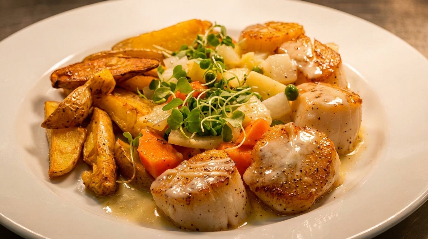 Pan-seared scallops with roasted potatoes, mixed vegetables, and microgreens on a white plate.