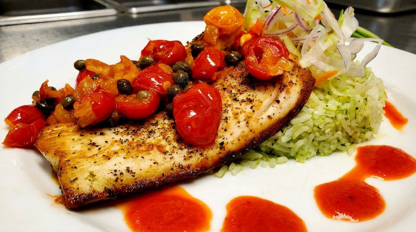 Pan-seared fish with cherry tomatoes, capers, green rice, and red sauce on a white plate.