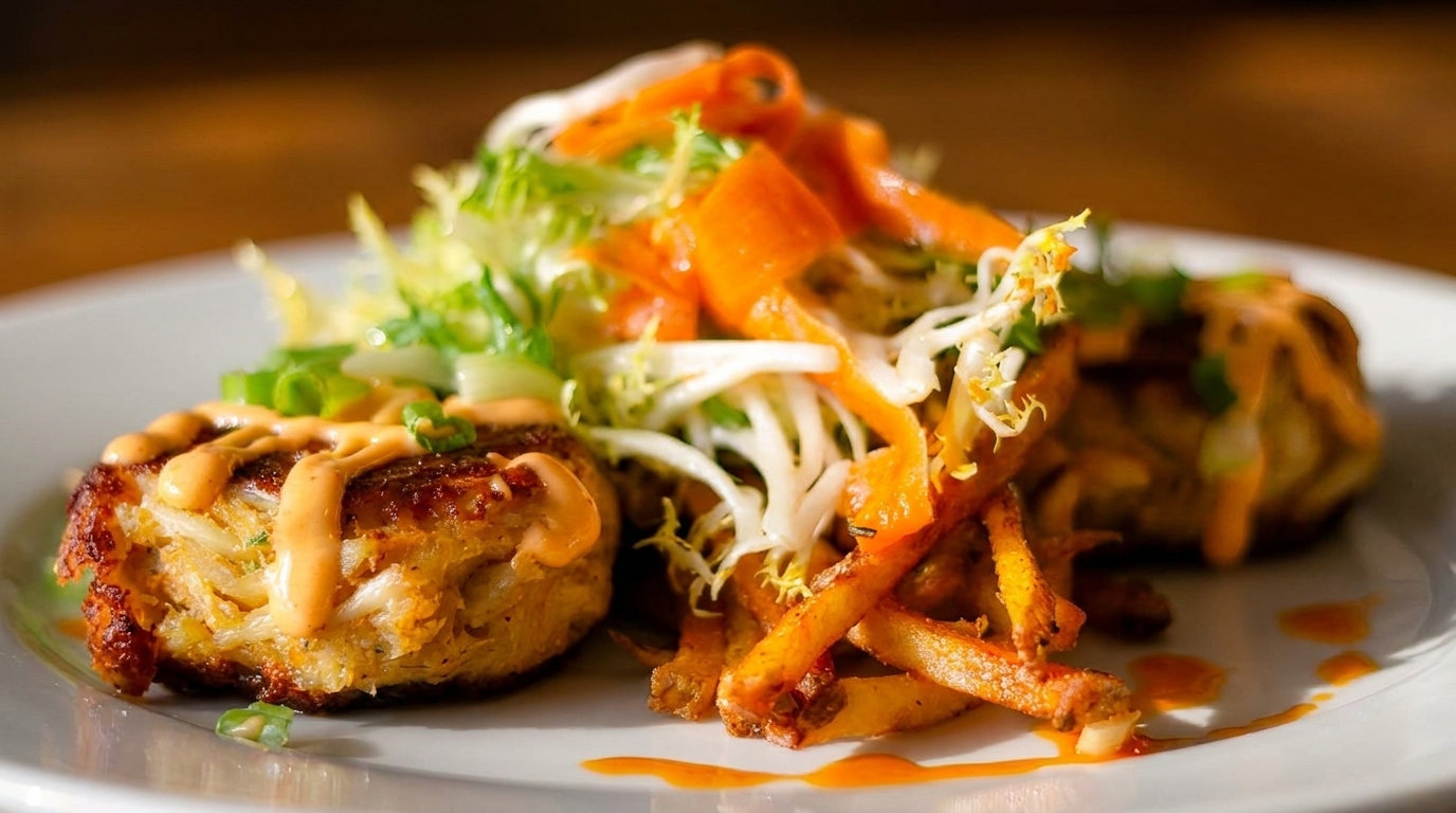 Two crab cakes with sauce, a side of fries, and a fresh salad on a white plate.