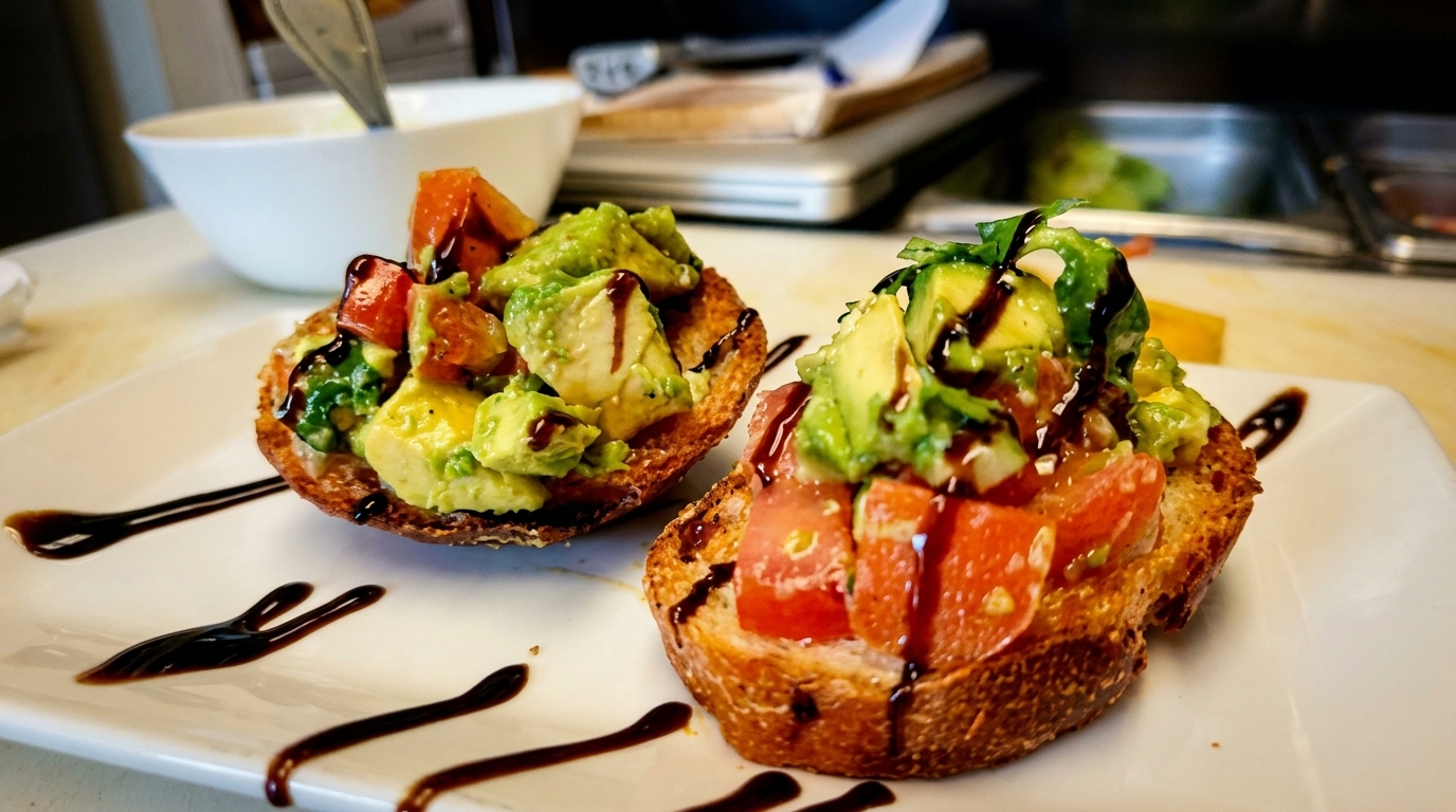 Two avocado and tomato bruschetta pieces drizzled with balsamic glaze on a white plate.