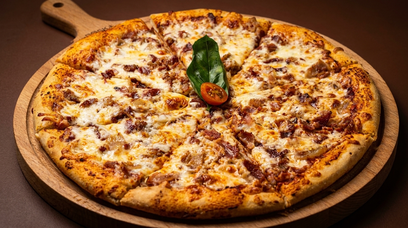 A whole pizza with bacon, cheese, and onions, garnished with basil and a cherry tomato.