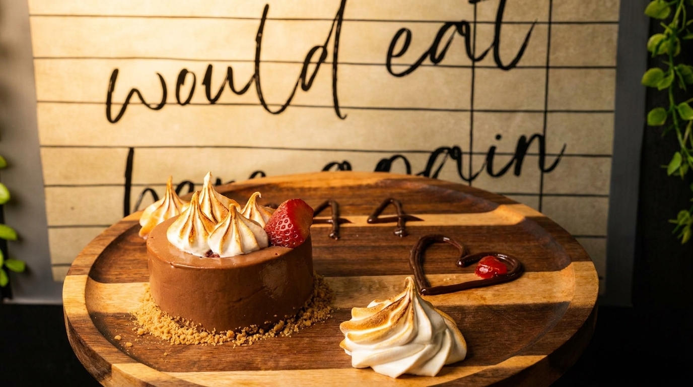 Chocolate dessert with meringue, strawberry, and chocolate drizzle on a wooden platter.