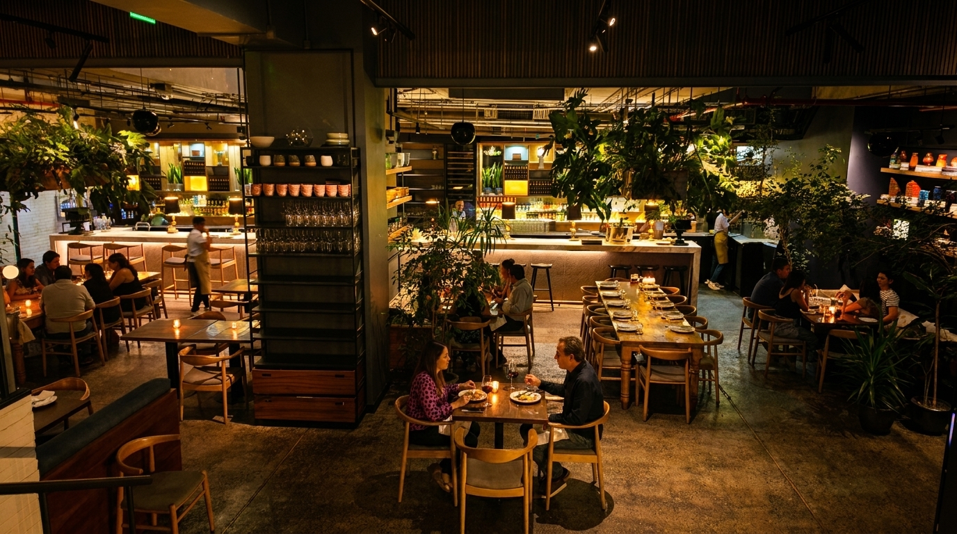 A dimly lit, stylish restaurant interior with patrons dining at tables and a long bar area.