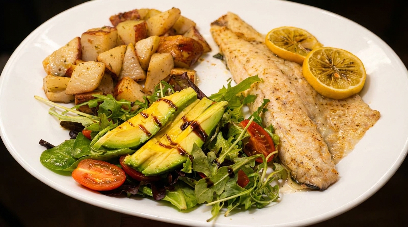 Grilled fish with lemon, roasted potatoes, and a fresh salad with avocado and balsamic glaze.