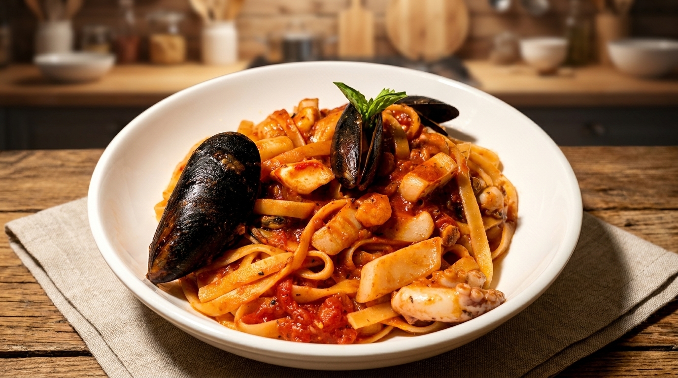 Seafood pasta with mussels, squid, and tomato sauce in a white bowl on a wooden table.