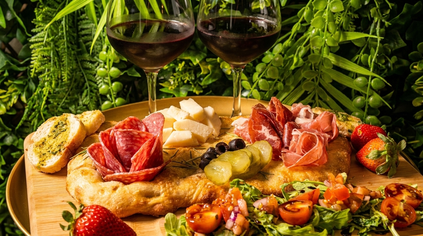 A charcuterie board with meats, cheeses, olives, pickles, bruschetta, and two glasses of red wine.