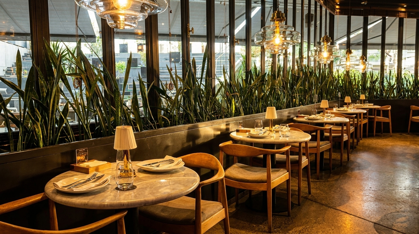 Restaurant dining area with marble tables, wooden chairs, and lush green plants by large windows.