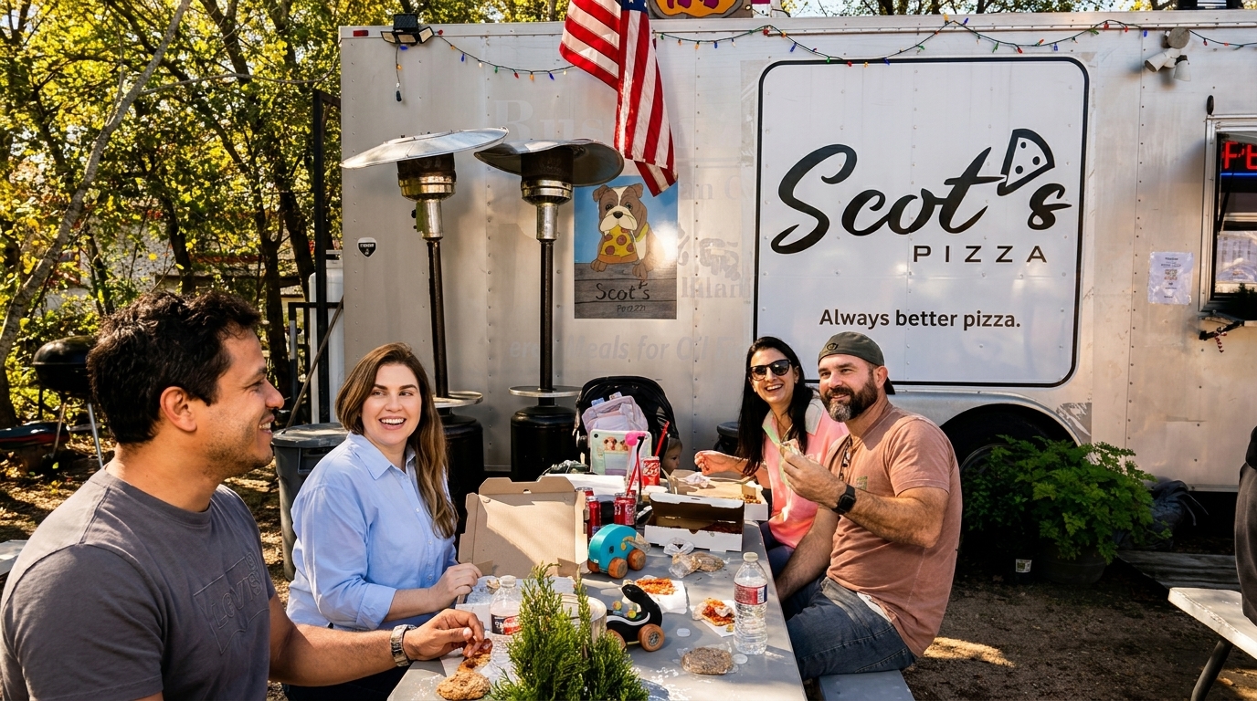 Four people eating pizza at an outdoor table next to the Scot's Pizza food truck.