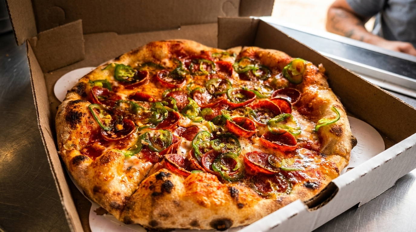 A pepperoni and jalapeño pizza with a crispy crust sits in an open cardboard box.