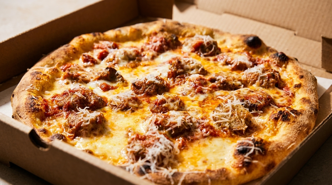 A freshly baked pizza with melted cheese, tomato sauce, and sausage in a cardboard delivery box.