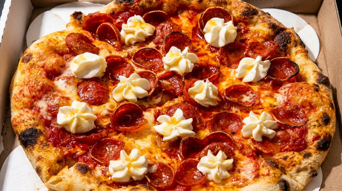 Pepperoni pizza with dollops of whipped ricotta cheese and honey drizzle in a cardboard box.