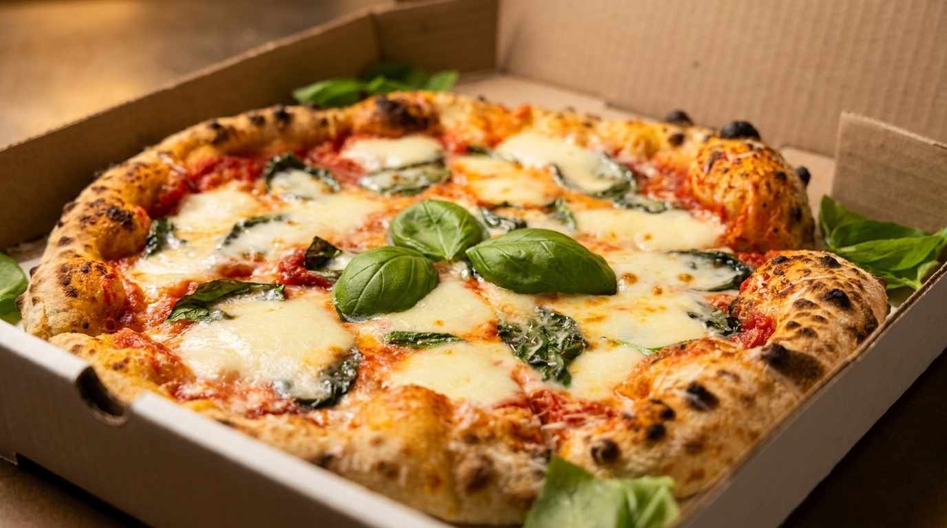 Neapolitan Margherita pizza with fresh basil and mozzarella in a cardboard delivery box.