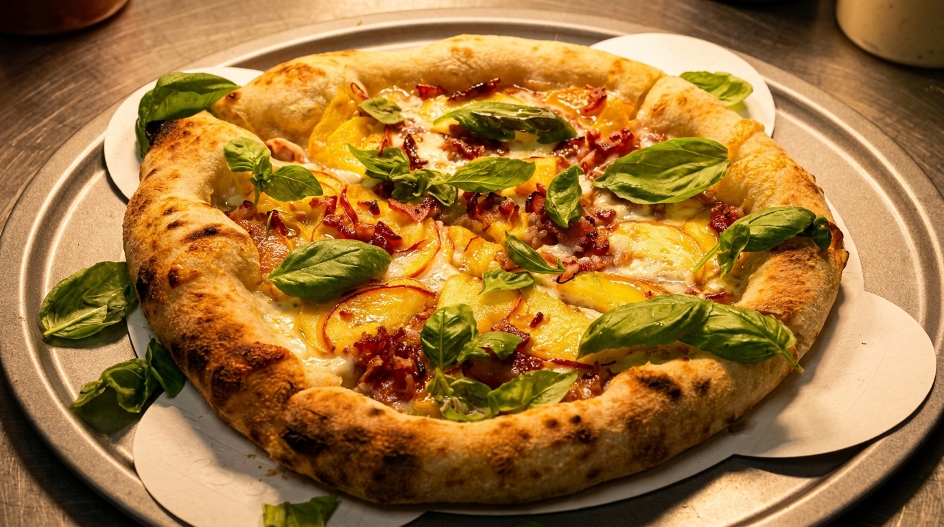 A freshly baked pizza with golden crust, topped with sliced peaches, bacon, and fresh basil.
