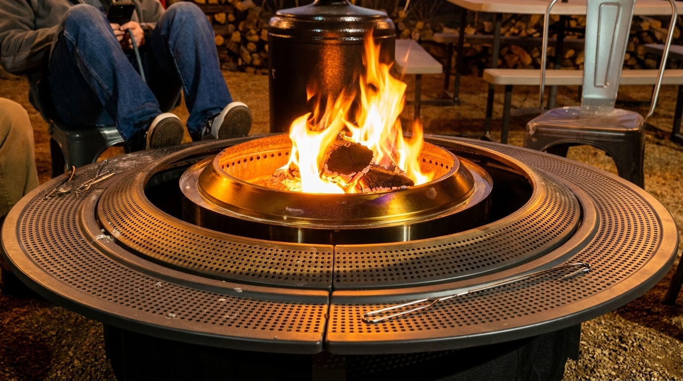 A large, round fire pit with a roaring fire, surrounded by people relaxing outdoors at night.