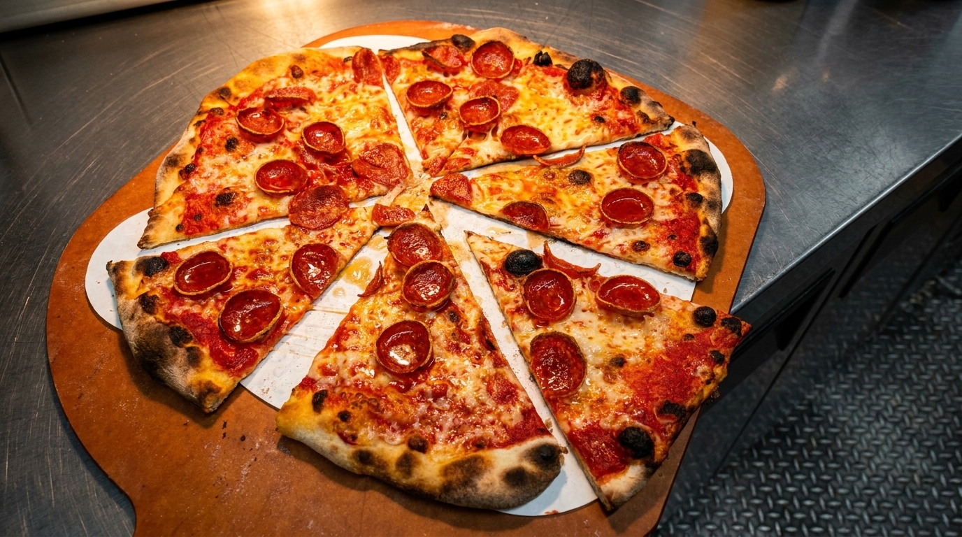 A freshly baked pepperoni pizza, sliced into eight pieces, rests on a wooden peel.