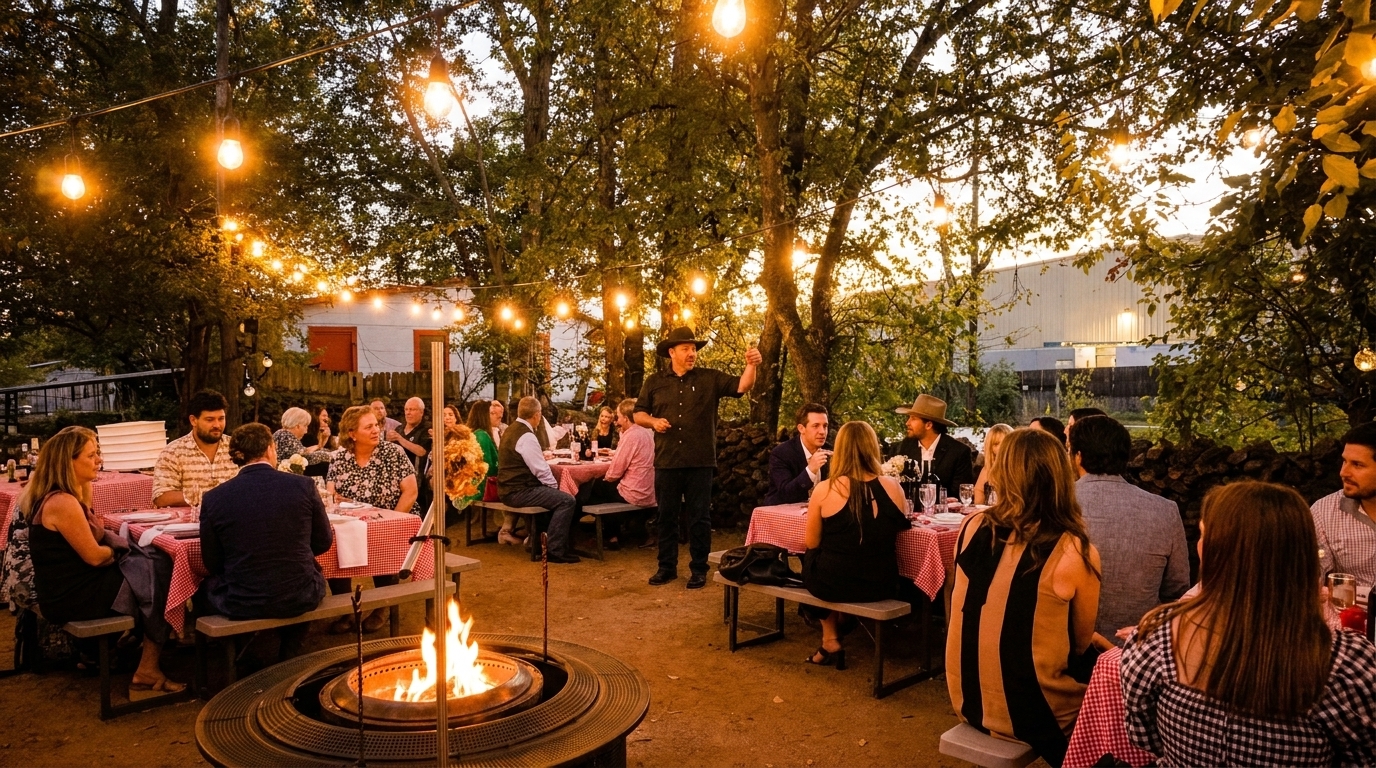 Outdoor evening dining with string lights, a fire pit, and a man speaking to seated guests.