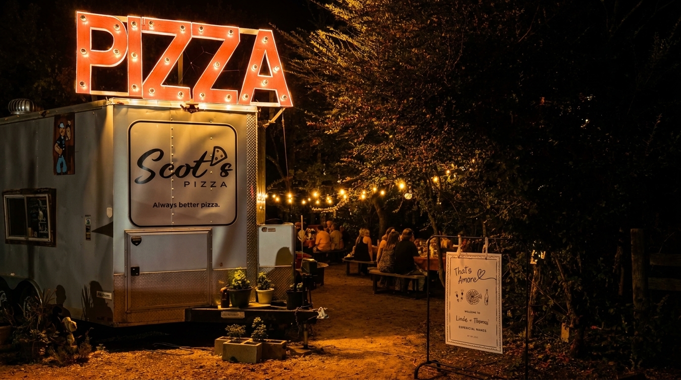 Scott's Pizza food truck with a large "PIZZA" sign, string lights, and people dining outdoors at night.