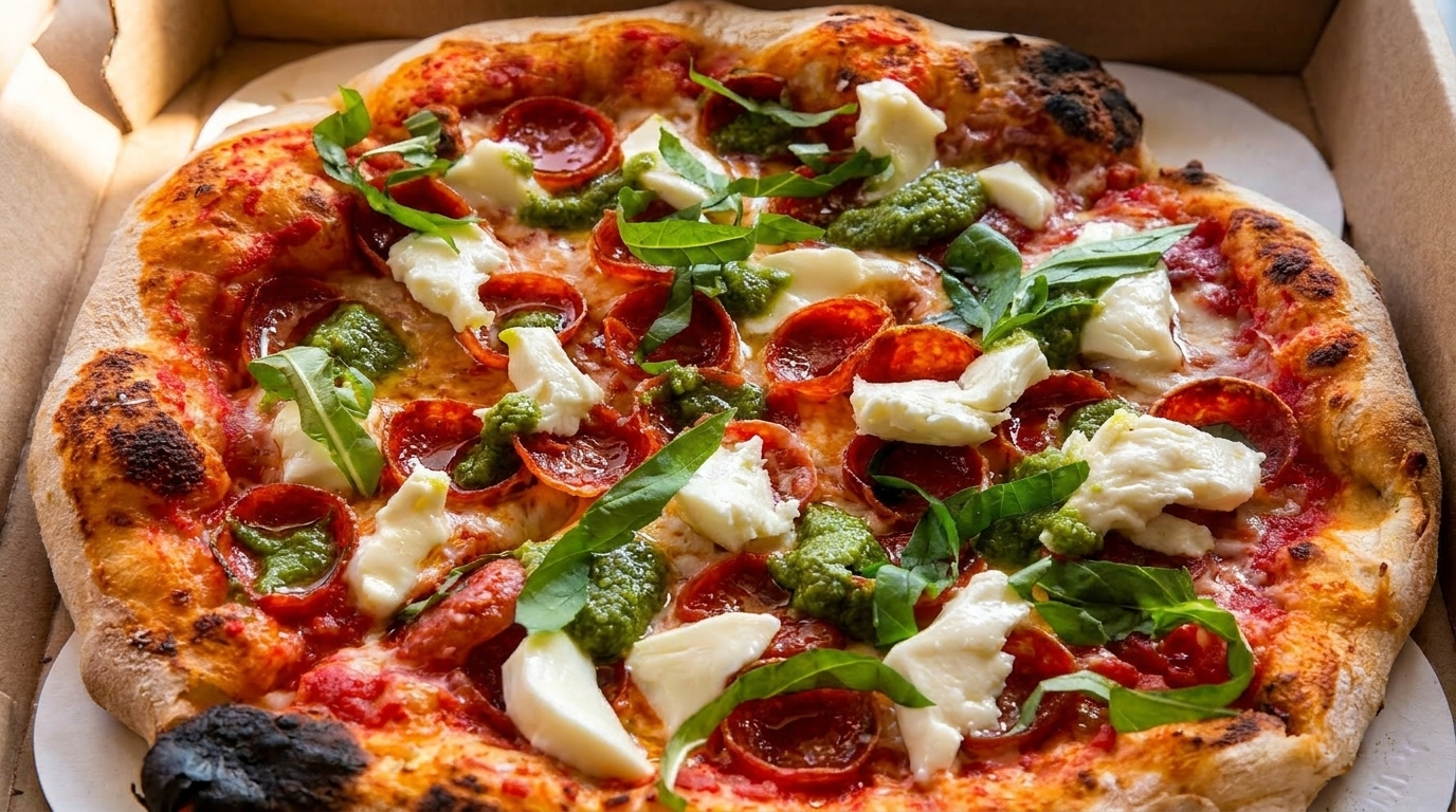A pepperoni pizza with pesto, fresh mozzarella, and basil in a cardboard delivery box.