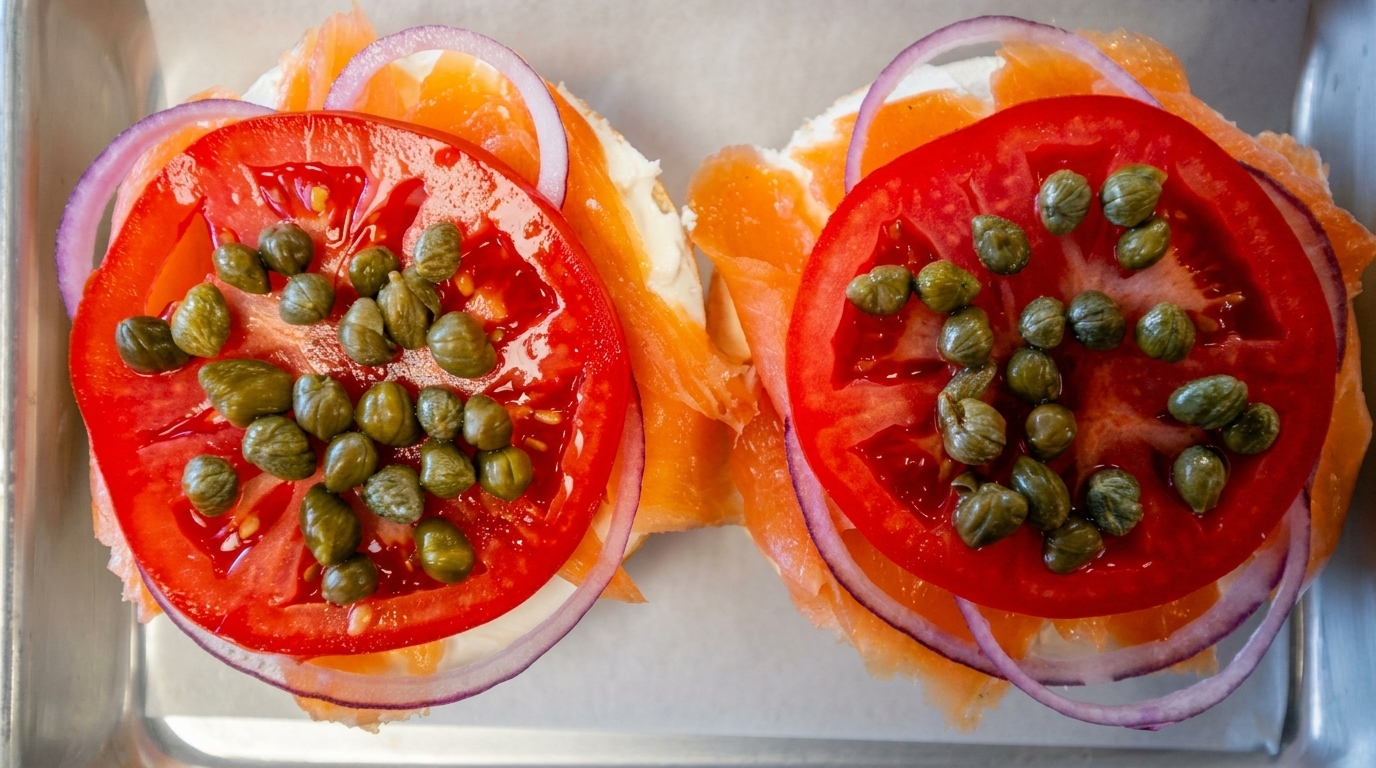 Two bagels with lox, cream cheese, red onion, tomato, and capers on a metal tray.