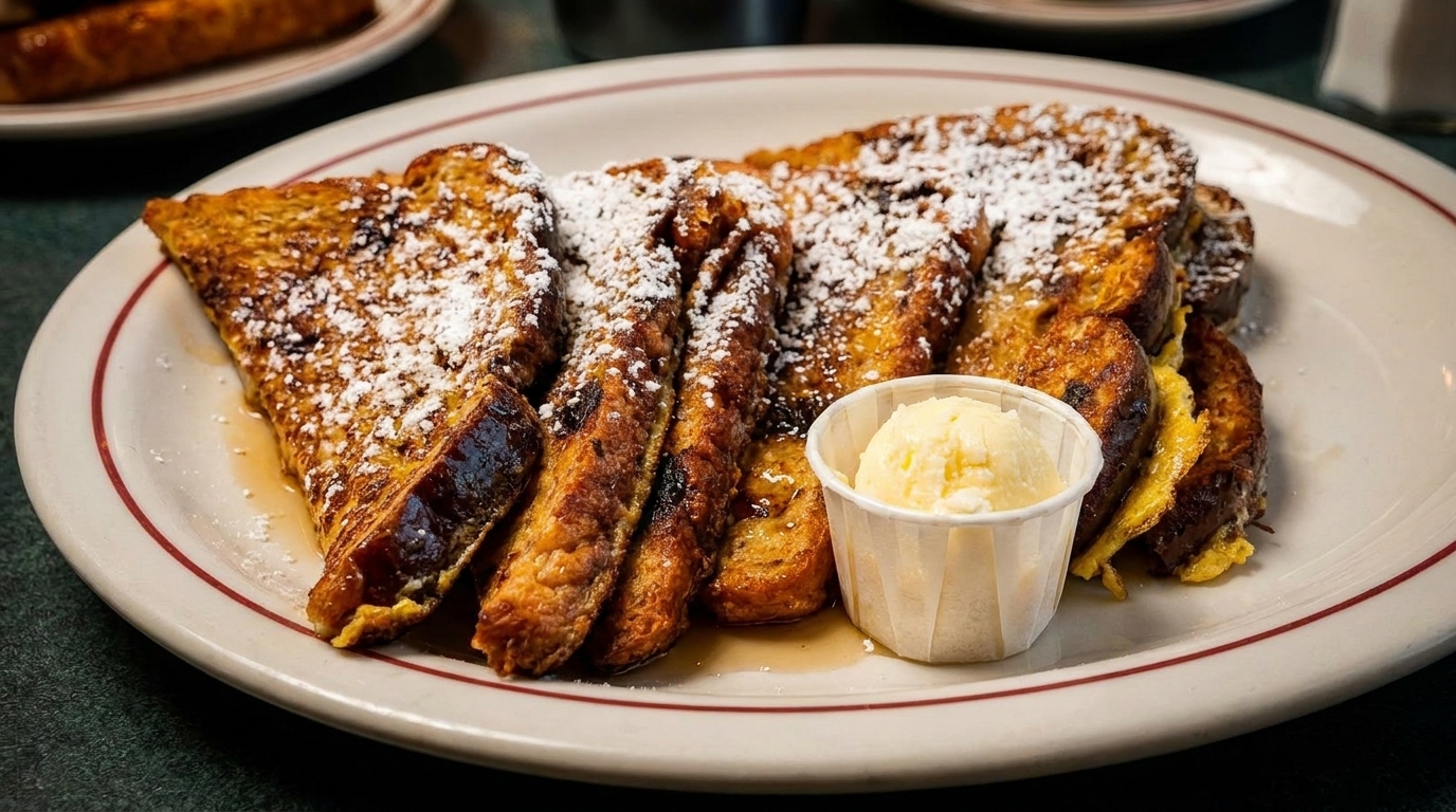 Golden French toast slices, dusted with powdered sugar and served with a side of butter.