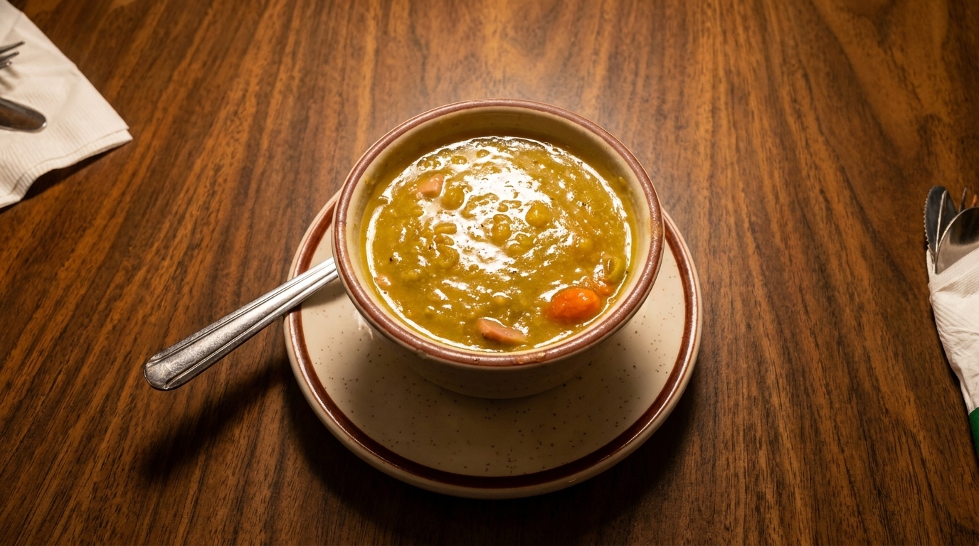 A bowl of split pea soup with carrots and sausage on a wooden table with cutlery.
