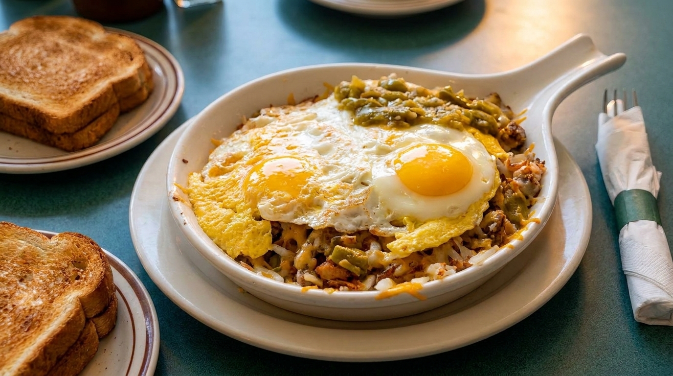 Breakfast skillet with fried eggs, green chile, hash browns, and toast on a diner table.