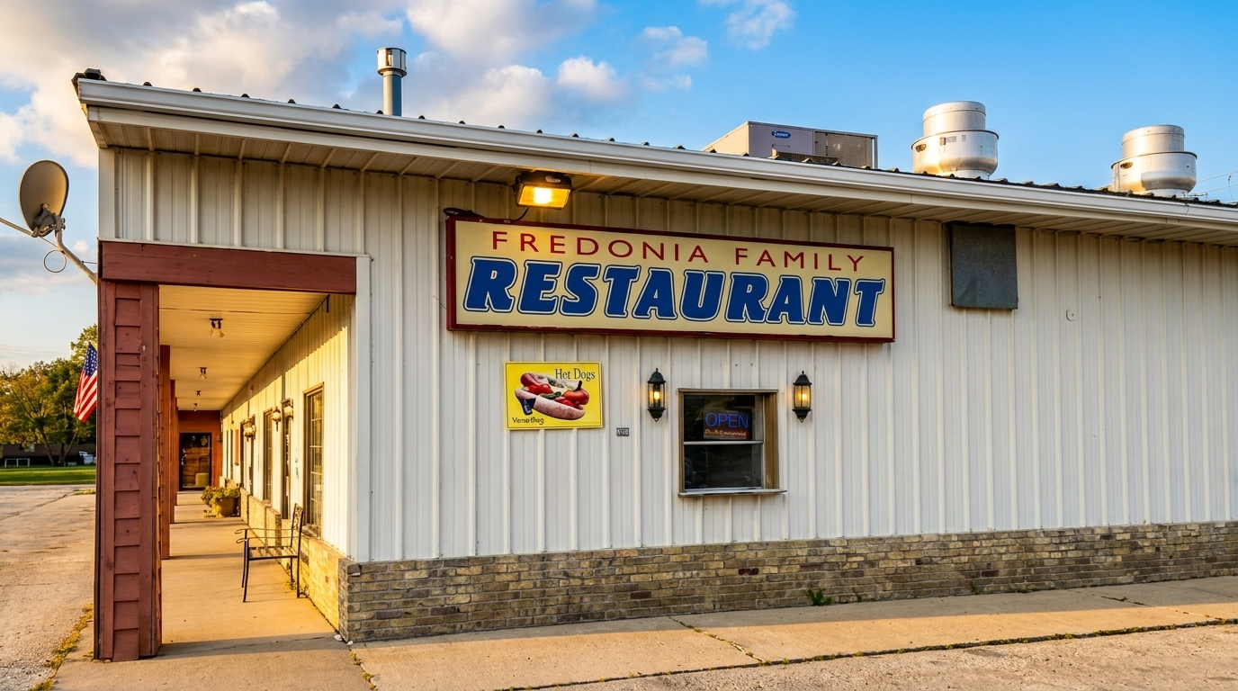 Exterior of Fredonia Family Restaurant with a white facade, brick base, and covered walkway.