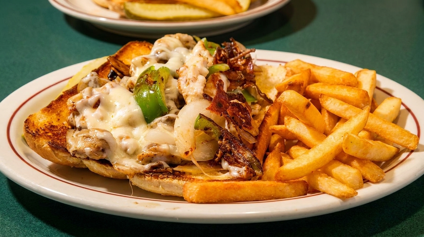 A chicken cheesesteak sandwich with melted cheese, peppers, and onions, served with french fries.