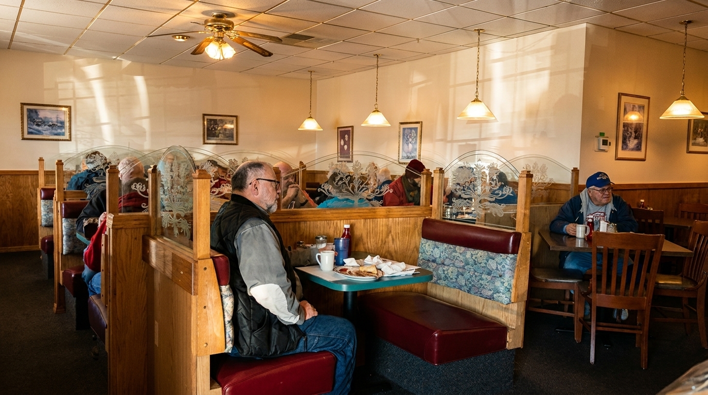 Diners seated in booths and at tables inside a brightly lit restaurant with wood paneling and hanging lamps.