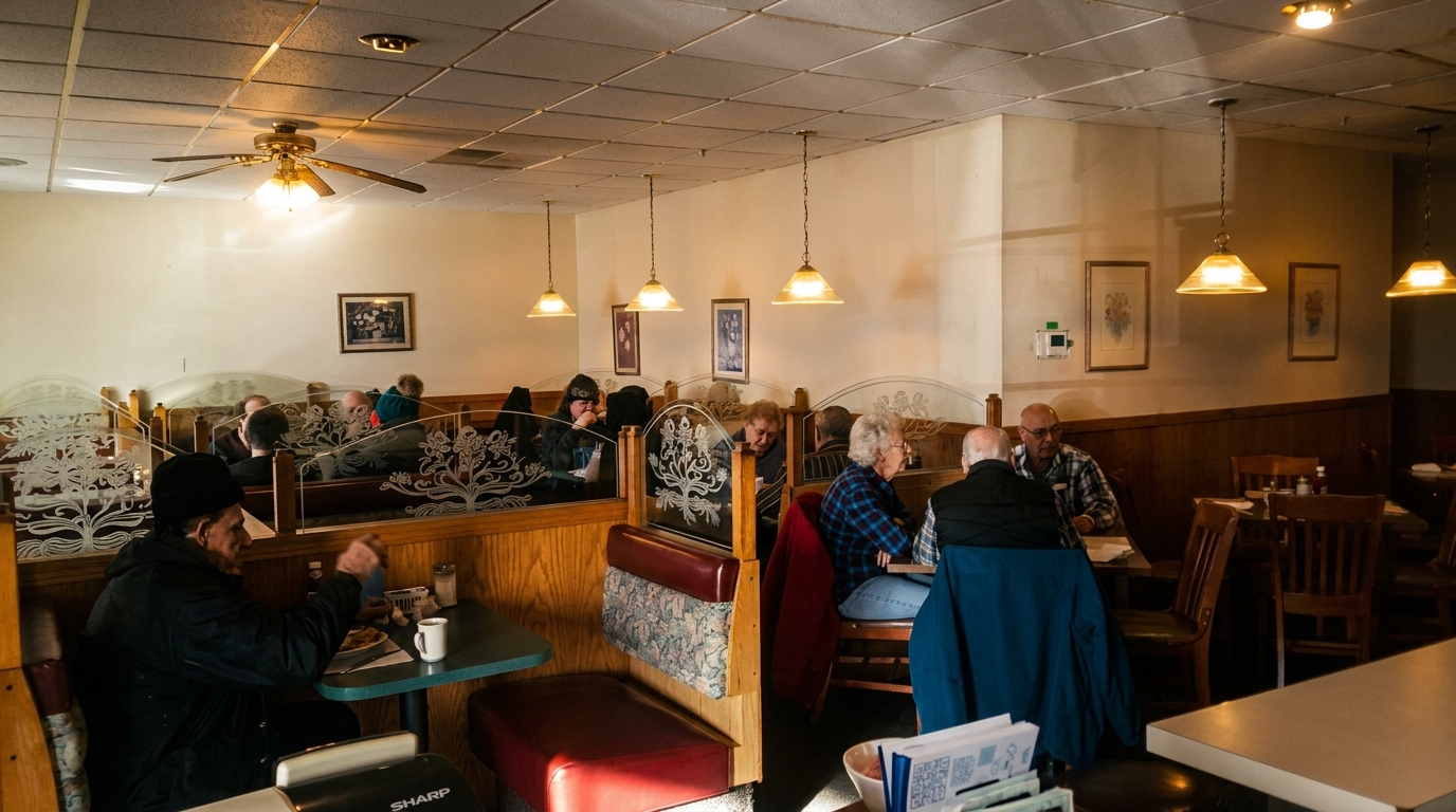 Diners seated in booths and at tables in a brightly lit, casual restaurant with wood paneling.