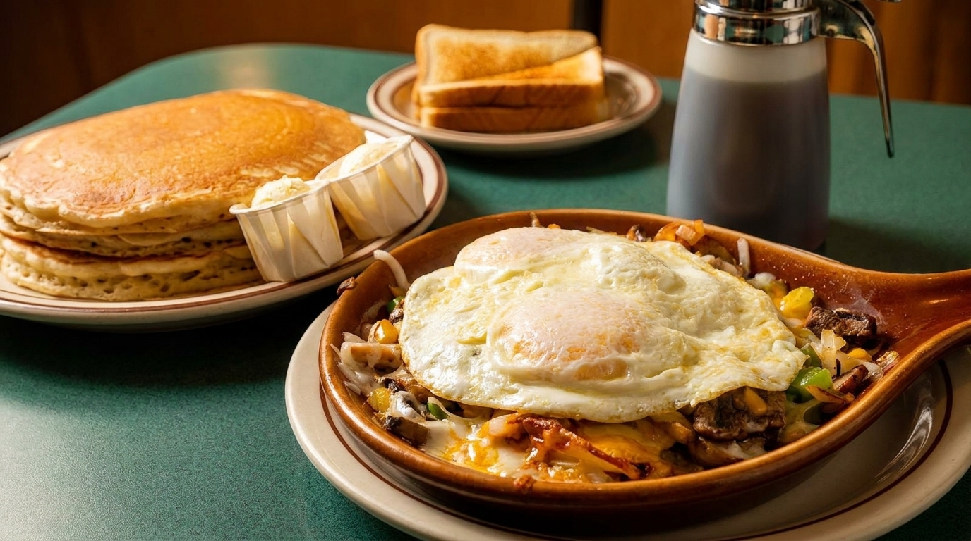 Hearty breakfast with pancakes, toast, and a skillet of eggs, meat, and vegetables.