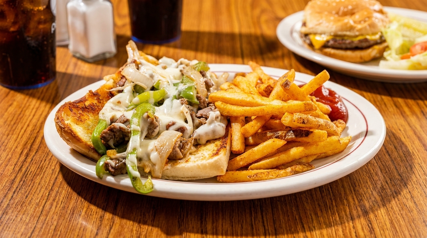 Cheesesteak sandwich with green peppers, onions, and melted cheese, served with fries and ketchup.