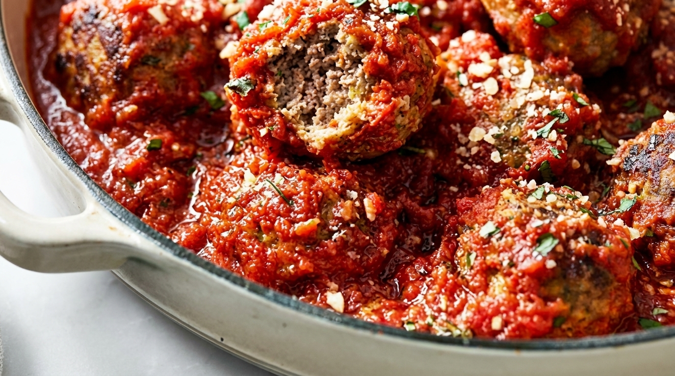 Close-up of meatballs in red sauce, with one cut open, garnished with cheese and herbs.