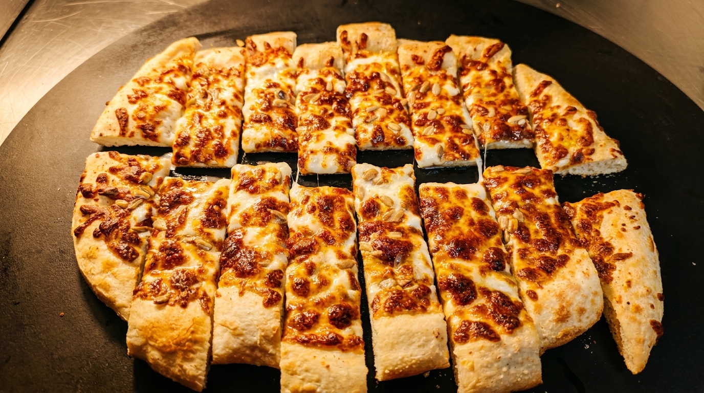 Cheesy breadsticks with sunflower seeds, arranged on a dark serving tray.