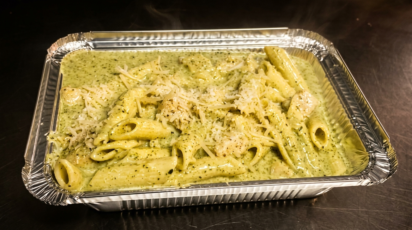 Steaming penne pasta with pesto sauce, chicken, and shredded cheese in a foil takeout container.