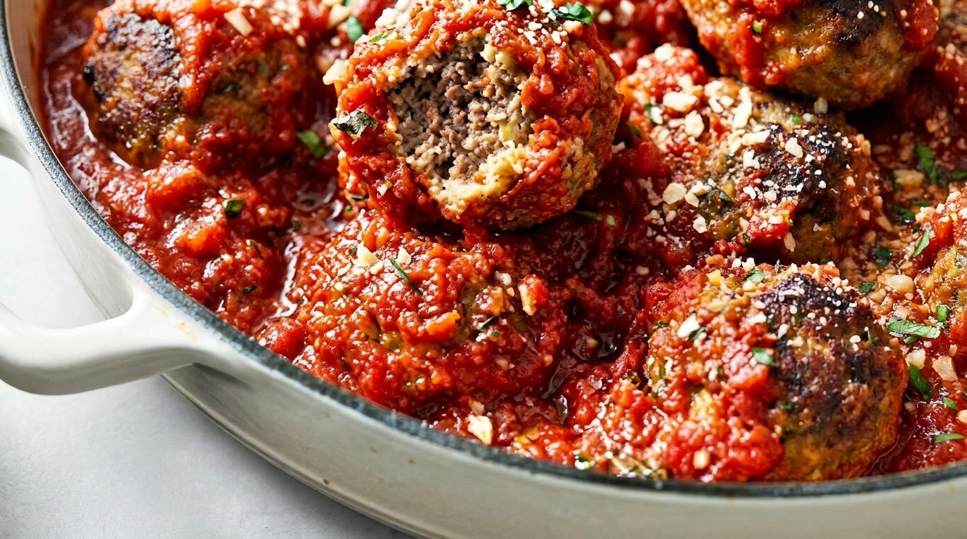 Meatballs in a rich red tomato sauce, one cut open to show the interior, garnished with cheese and herbs.