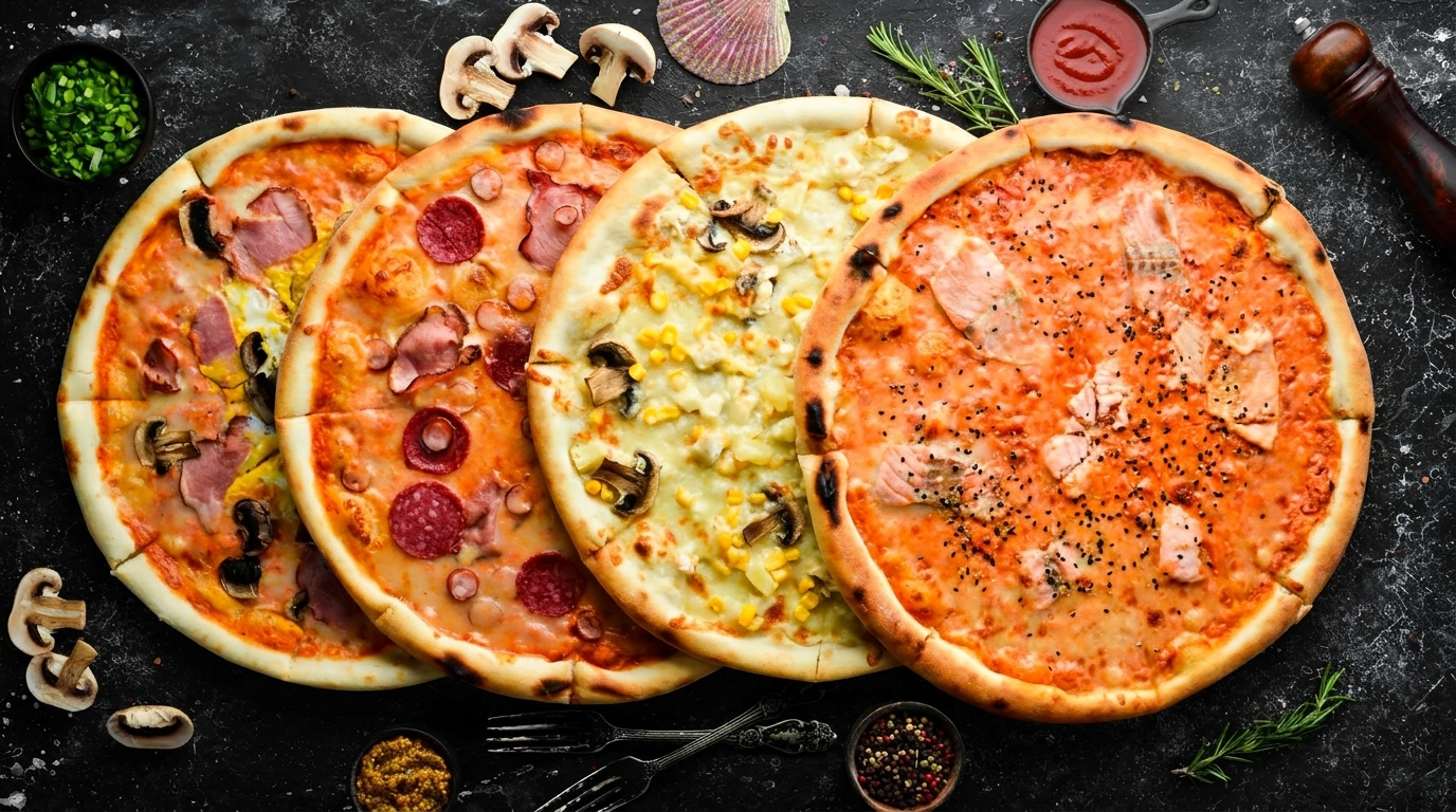 Four different pizzas, including pepperoni, mushroom, corn, and salmon, on a dark background.