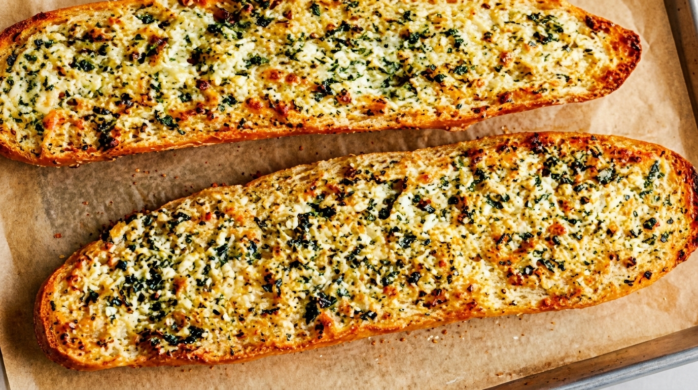 Two golden-brown garlic bread halves, topped with melted cheese and green herbs, on parchment paper.