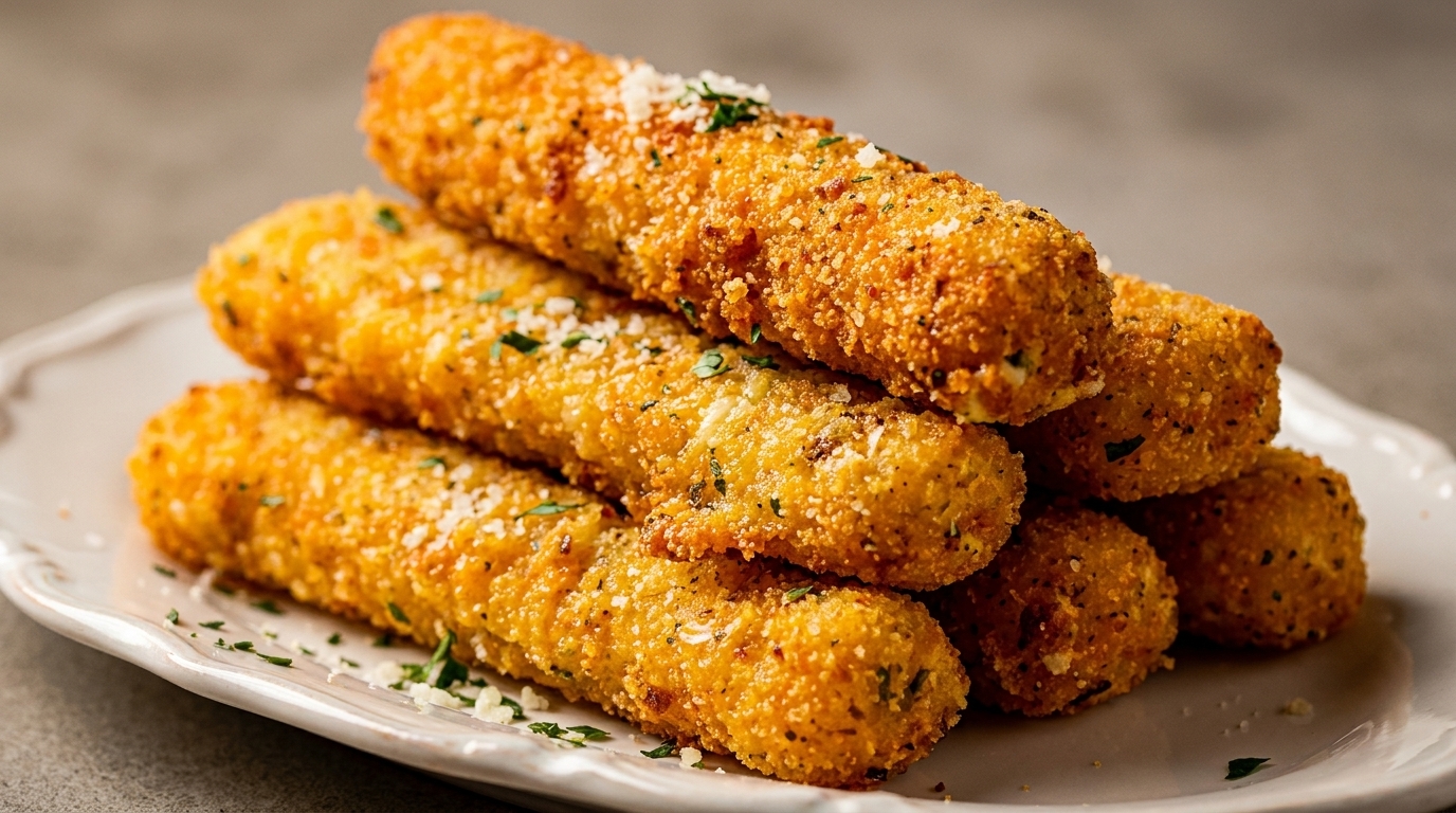 Golden-brown fried mozzarella sticks, sprinkled with parmesan cheese and herbs, piled on a white plate.