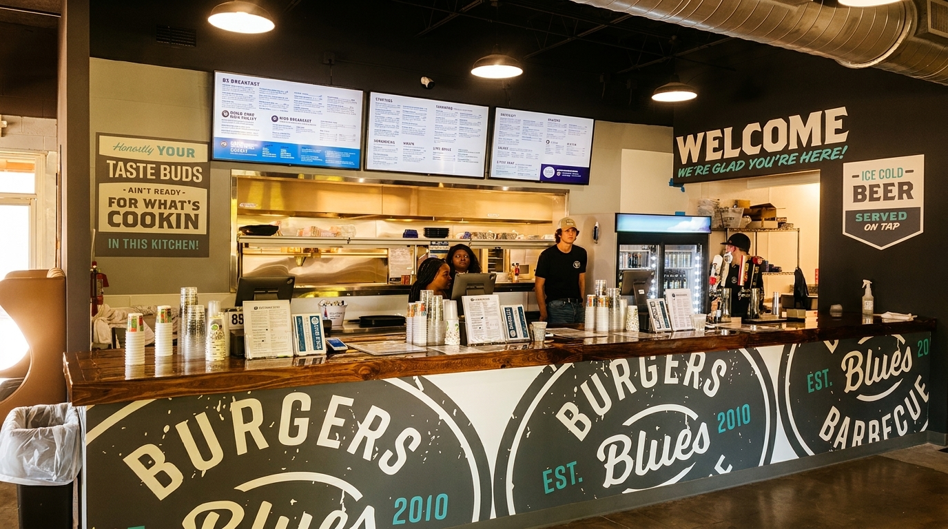 Restaurant counter with "Burgers Blues Barbecue" logo, three staff members, and menu boards above.